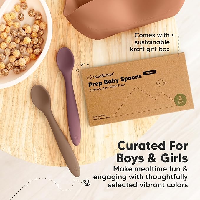 KeaBabies Silicone Baby Spoons, Self Feeding 6-12 months - 3-Pack Baby Weaning Eating Utensils, Toddler First Food Training Spoon, Infant, Kids Feeding Supplies Essential Set, Dishwasher-safe (Rocky)