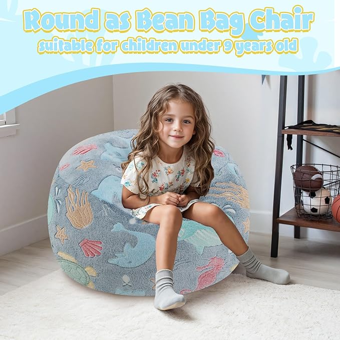 COMAX Kids Bean Bag Chair Turn into Beanbag Bed, Toddler Bean Chair for Girl Boy Sleeping, Lazy Children Bean Bags with Filler, Convertible Child Floor Mattress, Ocean Life