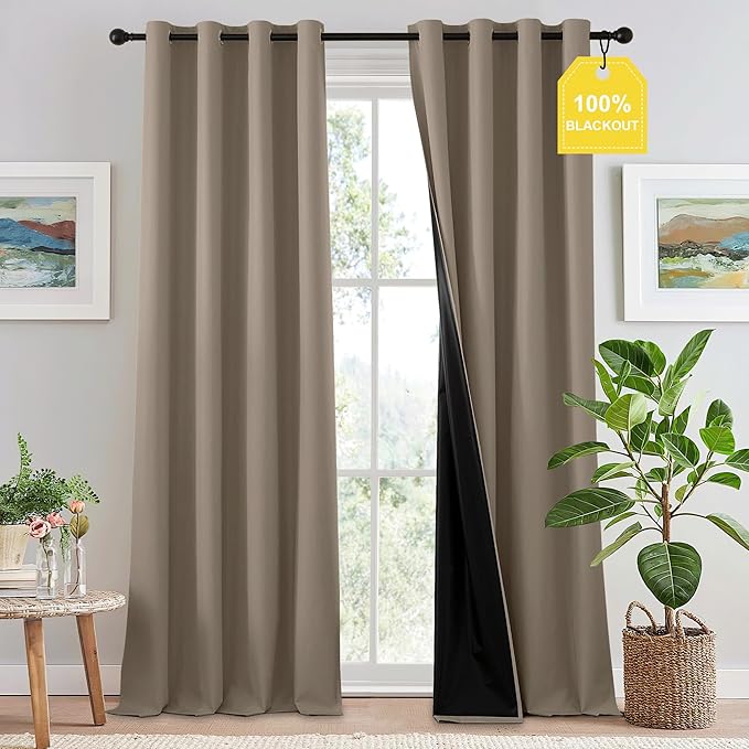 NICETOWN 100% Blackout Tan Curtains 96 inch Long, Grommet Thermal Insulated Portable Travel Blackout Window Treatment Easy to Install for Living Room/Bedroom, W52 x L96, 2 Panels