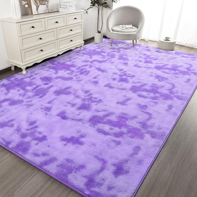 Kimicole 7x10 Washable Area Rugs for Living Room Bedroom, Large Low Pile Ulta-Thin Solid Color Rug, Non-Slip Soft Fluffy Carpet for Nursery Kids Room Dorm Room Home Decor (Purple)