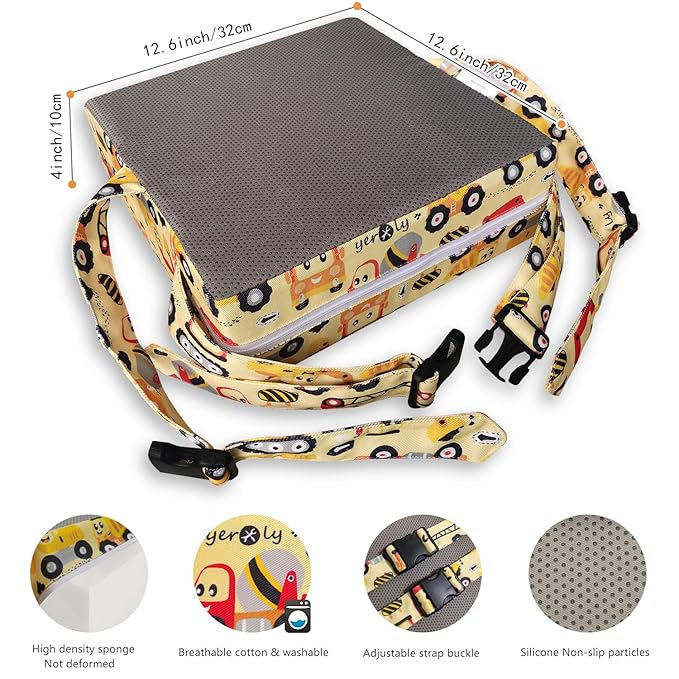 Toddler Booster Seat for Dining Table,4 Inches Washable Double Safer Straps Non-Slip Bottom Booster Seat Dining for Kids, Portable Travel High Density Sponge Detachable Increasing Cushion for Child