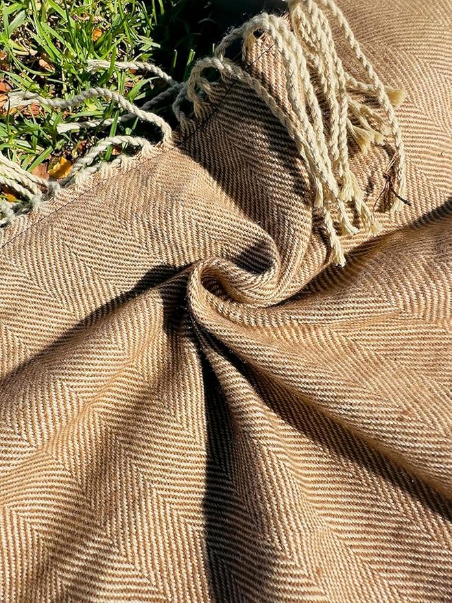 Picnic Blanket Extra Large Waterproof with Strap 59"x79" - Machine Washable Tassels Faux Wool Cashmere for Park, Grass, Camping, Hiking, Concerts (Deep Tan with white shoulder strap, 59"X79")