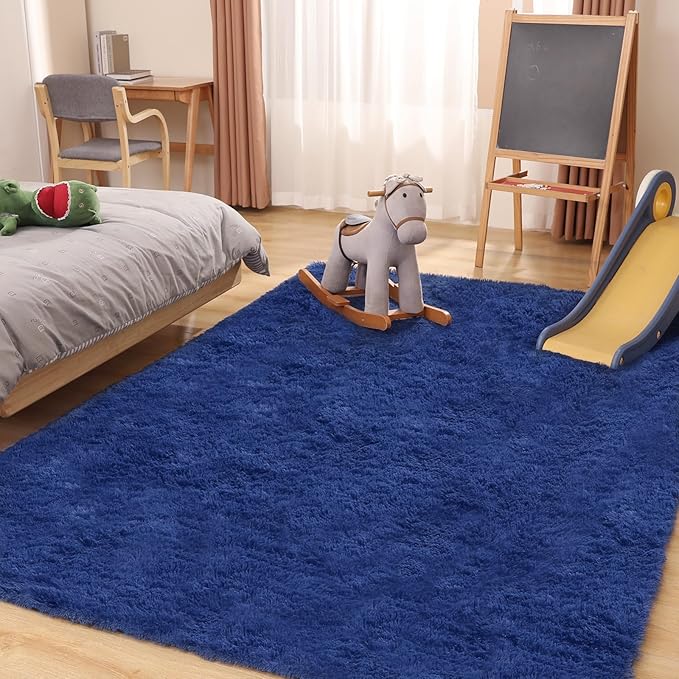 Soft 6x9 Blue Rug, Fluffy Area Rugs for Living Room, Plush Navy Area Rugs for Bedroom, Non-Slip Indoor Carpet for Nursery, Study Room, Kids Room, Room Decor
