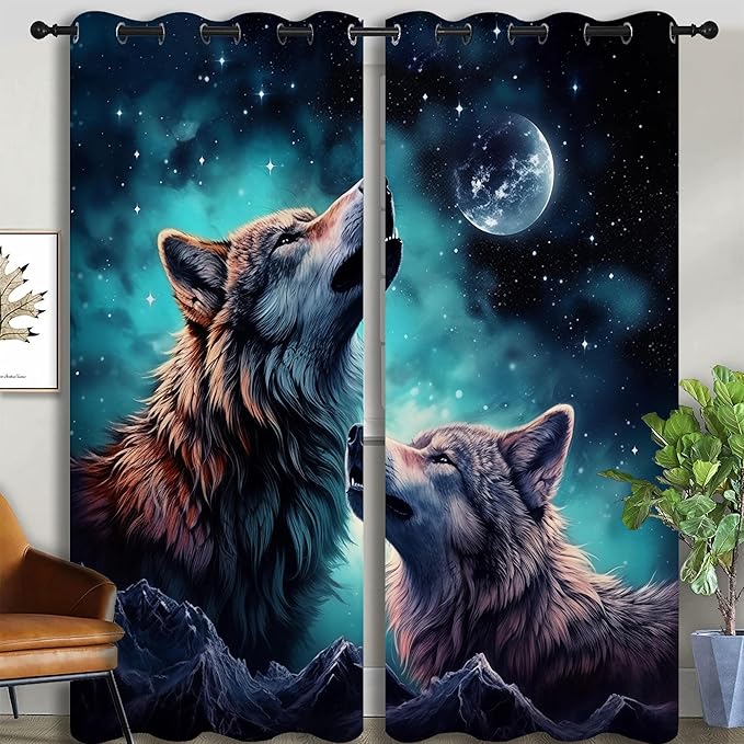 Wolf Blackout Curtains for Boys Girl Bedroom Decor,Starry Sky Howling Wolf Under The Full Moon Thermal Insulated Grommet Drapes Darkening Window Curtain for Living Room Home 84x84 inch