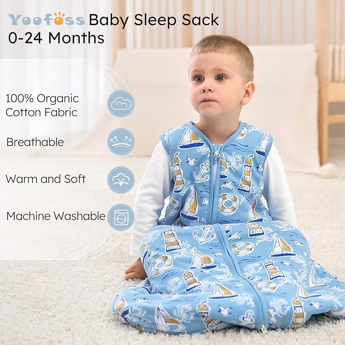 Yoofoss Baby Sleep Sack 0-6 Months, 1.5 Tog Baby Wearable Blanket with 2-Way Zipper, 100% Cotton Organic Fabric Winter Infant Sleeping Sack, Warm Soft Comfy