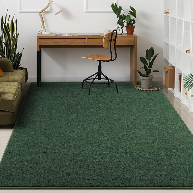 Kimicole 7x10 Washable Area Rugs for Living Room Bedroom, Large Low Pile Ulta-Thin Solid Color Rug, Non-Slip Soft Fluffy Carpet for Nursery Kids Room Dorm Room Home Decor (Dark Green)