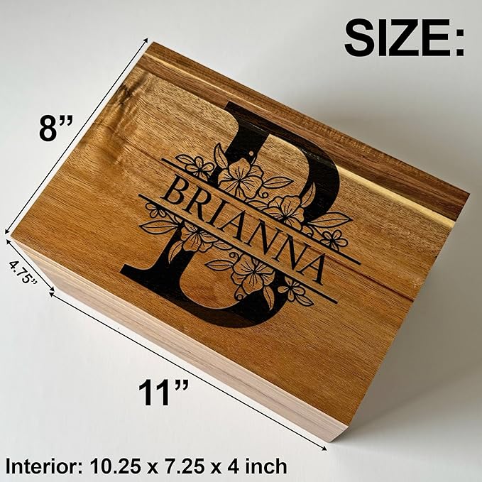 Personalized Initial Storage Box - Custom Engraved Wedding Memory Box for Keepsakes, Decorative Storage Chest, Rustic Memorabilia Box for Valentines Day, Monogrammed Wedding Gifts, 11x8x4.75 in
