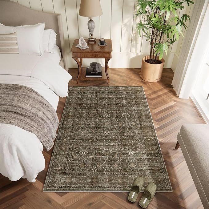 Washable 3x5 Entryway Rug Indoor, Boho Non-Slip Silicone Backing Small Rugs for Kitchen Nursery Office Bedroom, 0.3" Neutral Oriental Throw Carpet with 0.16" Cushioning Pad, Deep Brown/Multi