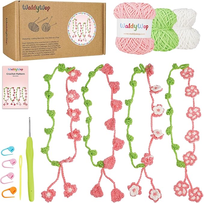 WaldyWop Crochet Kit for Beginners: 4 Flower Bracelets Knitting Kits for Adults Women w/Easy Yarn & Step-by-Step Video Tutorials - Wobbles Crochet Starter Kit for Kids Girls, Birthday Gift for Mom Kid