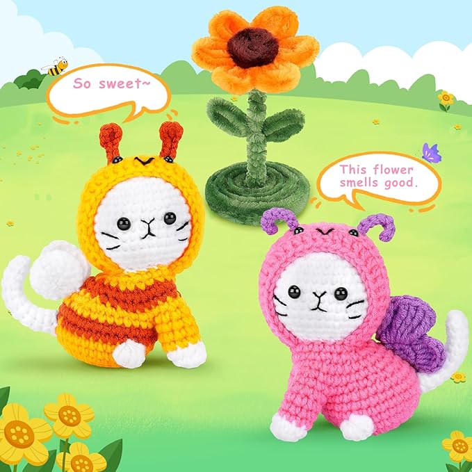 Crochet Kit for Beginners, 2PCS Cats Dressed as Bee and Butterfly Crochet Kits with Step-by-Step Video Tutorials, Beginner Crochet Kits for Kids and Adults, Animal Crocheting Kit for Starters