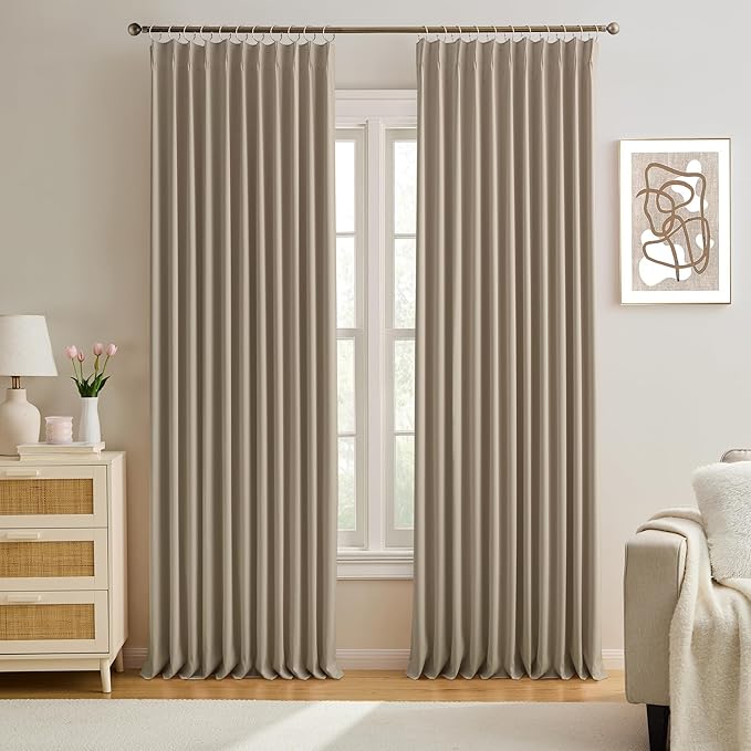 Pleated Blackout Curtain Drapes for Window 105" L - Triple Weave Vertical Energy Saving Solid Pinch Pleat Hook Room Divider Blackout Panels for Patio (72" Wide per Panel, 2 Panels, Khaki)