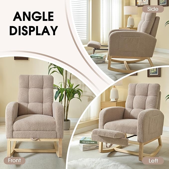 NIOIIKIT Modern Nursery Rocking Chair, Teddy Upholstered Rocking Chair with Footrest, Comfortable Rocker Chair with Side Pocket, Rocker Chair for Living Room, Bedroom, Nursing Room (Brown)
