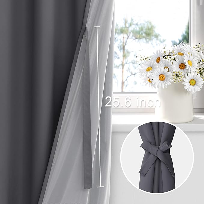 XWZO 100% Blackout Curtains 54 Inches Long with Tiebacks- Privacy Protection & Noise Blocking Rod Pocket Window Draperies with Black Liner for Bedroom/Living Room, Dark Grey, W52 x L54, Set of 2