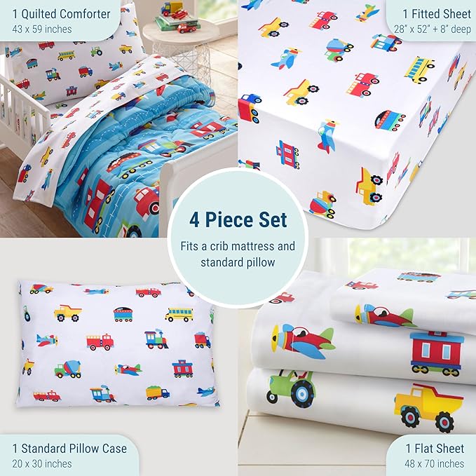 Wildkin Toddler Bed in a Bag – 4-Piece Microfiber Bedding Set with Comforter, Pillowcase & Sheets - Trains, Planes, and Trucks