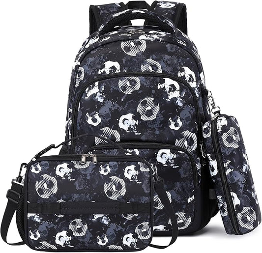 mygreen 3PCS Kids Backpack Set - Waterproof Bookbag with Lunch Box for Boys Ages 3-12, Adorable Cartoon Prints for School & Outdoor Use Black Soccer