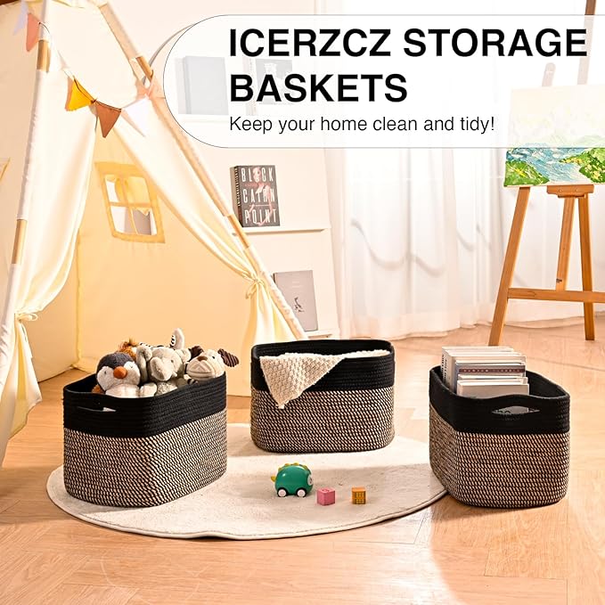 Storage Baskets for Organizing Shelves, Toy Basket for Kid's Room, Woven Cotton Rope Basket for Decor, Organizing Baskets for Bedroom Living Room, 15"x11"x9.5", 3 Packs, Black & Jute