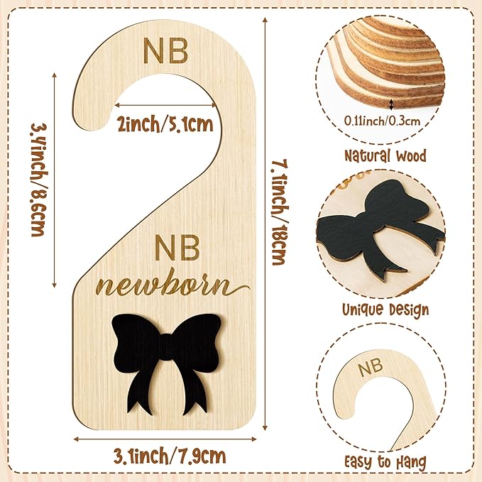 R HORSE Wooden Baby Closet Dividers - 8Pcs Double-Sided 3D Black Bow Baby Closet Organizer Newborn Clothes Size Hanger Dividers Nursery Decor Baby Shower Birthday Gift for Boy Girl (0-24 Months)