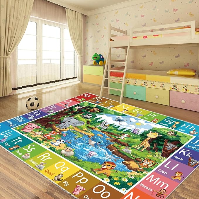 ABC Rug for Kids Room, ABC Baby Mats for Floor Toddlers, Alphabet Play Mat Elementary Preschool Kid's Rugs with Animal Illustrations - (59X39.4 Inches)