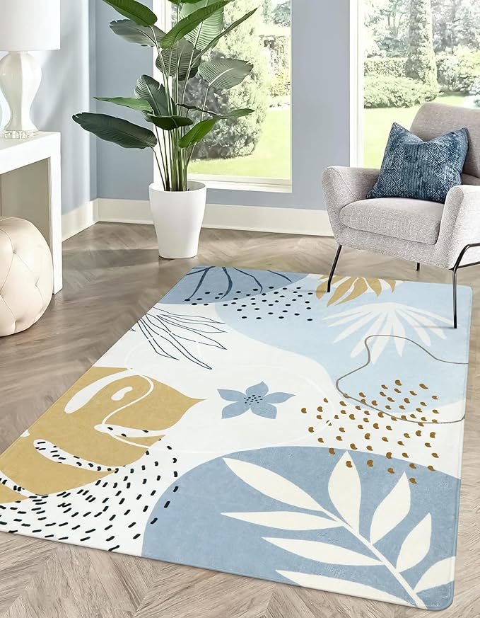 Lahome Boho Blue Area Rug for Living Room - 5x7 Rug Machine Washable Non-Slip Soft Bedroom Rugs Ultra-Thin Large Rug for Dining Room, Botanical Print Indoor Modern Rug for Classroom Nursery Office