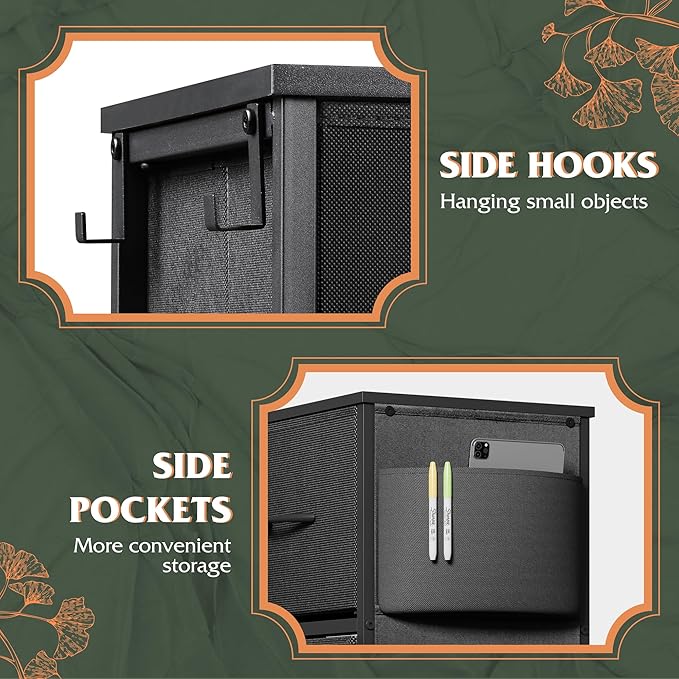 WLIVE Dresser for Bedroom with 10 Drawers, Fabric Dresser Chest of Drawers with Side Pockets and Hooks, Sturdy Metal Frame, Drawers Organizer Unit for Living Room, Hallway, Black