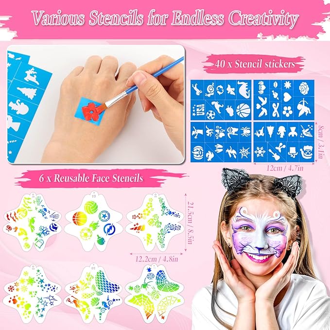 Face Painting Kit for Kids, 27 Colors Non-Toxic Paint with Brushes, 16 Crayons, 6 Reusable & 40 Sticky Stencils, Face Gems, Tattoos for Cosplay Parties & Halloween Makeup