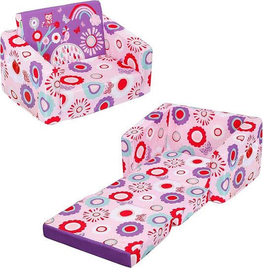 MallBest Kids Sofas Children's Sofa Bed Baby's Upholstered Couch Sleepover Chair Flipout Open Recliner(Pink/Flowers)
