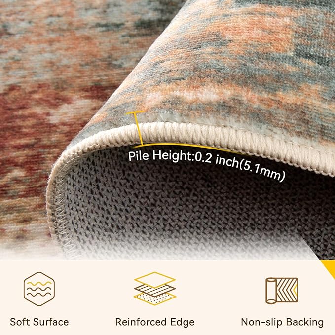 Washable Area Rugs 4'x6' Non-Slip Modern Abstract Soft for Living Room Entryway Bedroom Nursery, Print Pattern, Brown Rust Red Multi