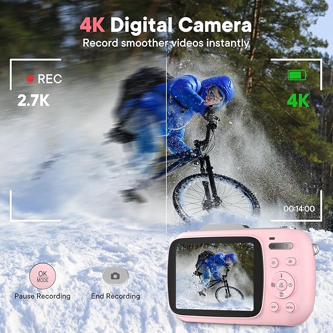 Digital Camera 4K 64MP - Vlogging Camera for Kids & Beginners | 18X Zoom Point and Shoot Camera Anti Shake, Compact with Flash, Gift for Boys Girls(Pink+Silver)