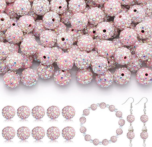 105pcs 10mm Rhinestone Beads for Jewelry Making, Pink AB Shiny Round Disco Ball Beads Bulk, Sparkle Crystal Clay Christmas for Bracelet Baseball Necklace Earring Crafting and DIY