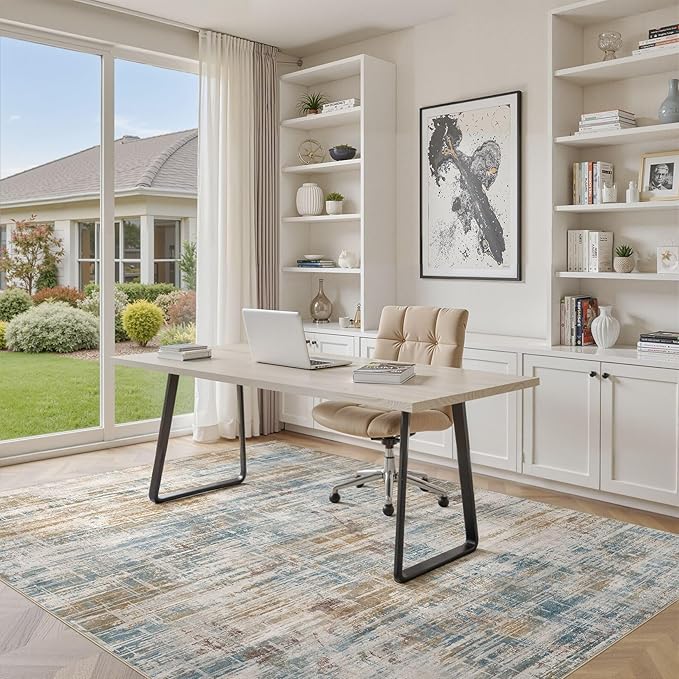 Area Rug for Living Room: 8x10 Washable Neutral Abstract Modern Soft Rugs Non Slip Indoor Floor Stain Resistant Large Carpet for Bedroom Dining Room Office Nursery - Blue Brown