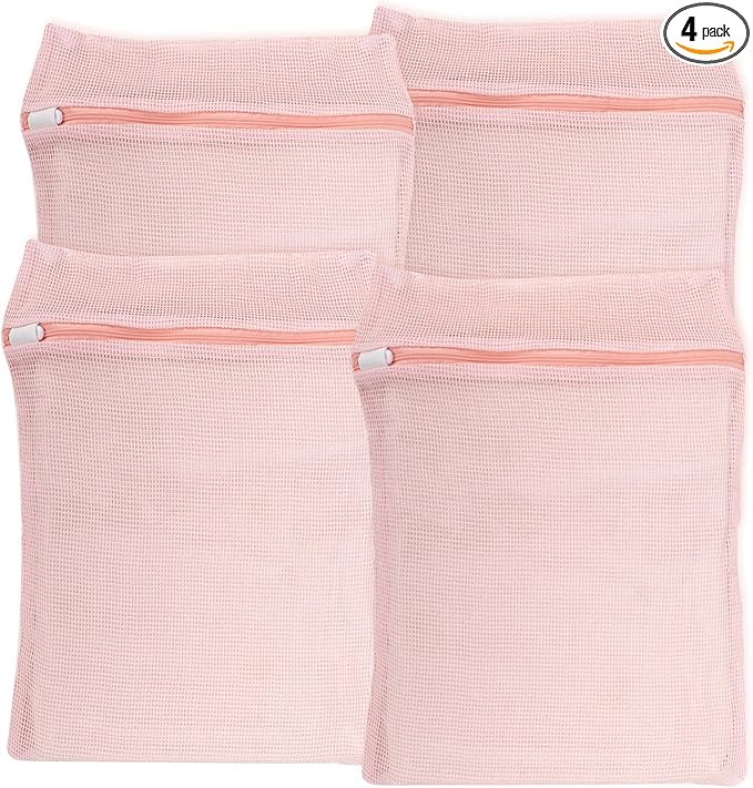 4-Piece Pink Medium Durable Organic Cotton Mesh Laundry Bags with Sturdy Zippers and Breathable Mesh are Delicate Laundry Bags for Underwear, Clothes, Pants and Socks