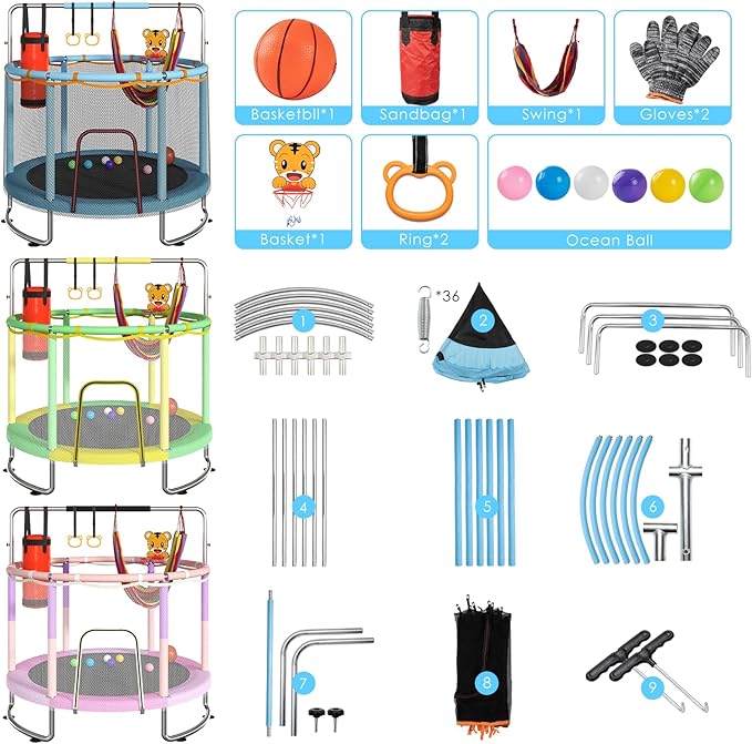 Trampoline for Kids, Upgrade Full Anti-Rust 440lbsToddler Trampoline with Net, Upgraded Ring Legs with Adjustable Gymnastics Bar&Toys, Gifts for Ages 1-8 Boys&Girls