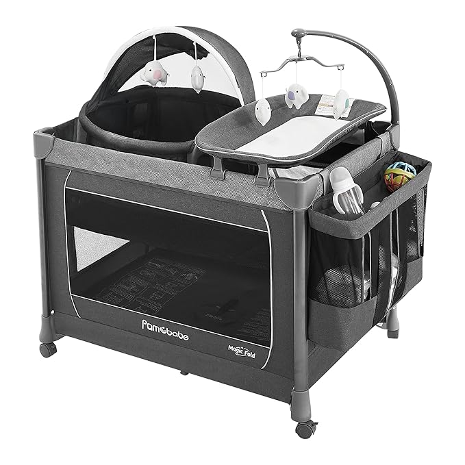 Pamo Babe 1-Second Setup 5-in-1 Playard for Babies - Heavy-Duty Steel Frame for Safe Sleep Space, Portable Crib with Zip Door & Changing Table, Locking Wheels, Breathable Mesh