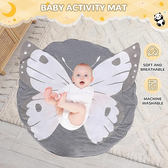 Wooden Baby Play Gym with Mat, Foldable Baby Activity Gyms with 6 Sensory Hanging Panda Toys, Tummy Time Baby Infant Toys (Butterfly)