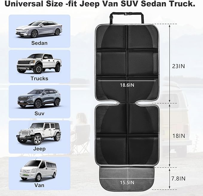 Car Seat Protector 2 Pack Baby Car Seat Covers with Mesh Pockets & Non-Slip Backing 600D Durable Seat Protector Under Baby Car Seat (Black & Gray, Large)