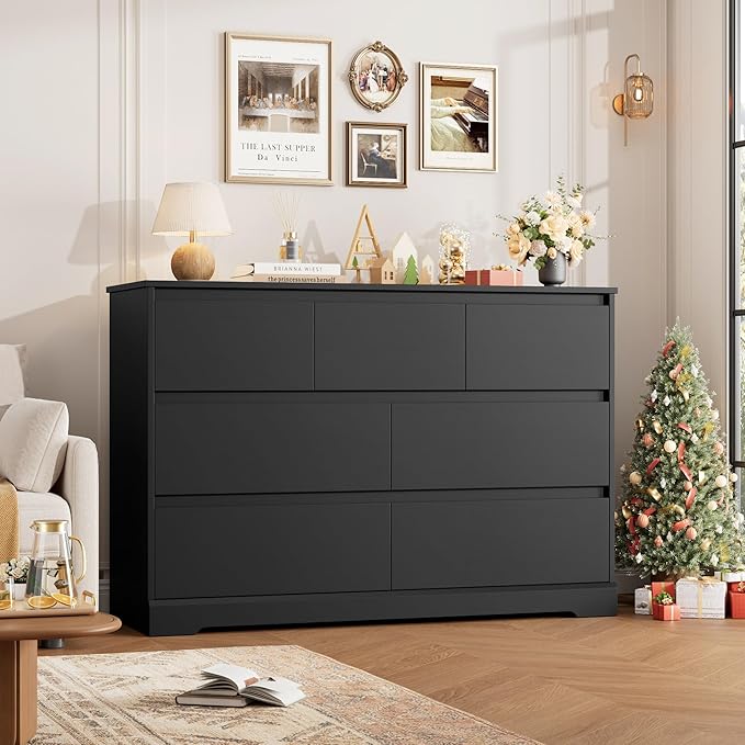Dresser for Bedroom, Modern Black Dresser, Wood Chest of Drawers Nursery Dressers, with Storage, 7 Drawer Double with Handle Free, Large Storage Organizer for Living Room,White