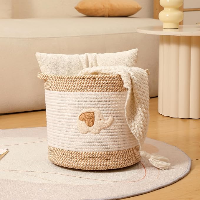 INough Toy Storage Baskets Woven Cotton Rope Storage Basket for Kids, Blanket Baskets for Living Room Toy Basket Box Toys Organizer with Embroidery Decor Cute Baskets for Nursery, Playroom (Elephant)