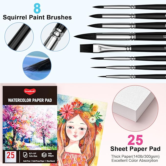Watercolor Paint Set 50 Colors Including Metallic, Watercolor Kit with Case, Watercolor Paper, Paint Brushes, Palette and Accessories, Water Color Art Supplies Gift for Adults Kids Artists