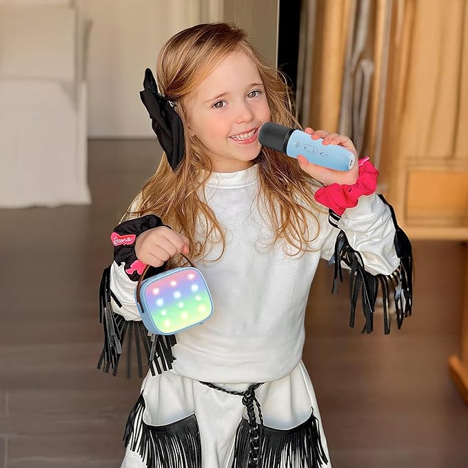 YLL Mini Karaoke Machine for Kids, Portable Bluetooth Speaker with 2 Wireless Microphones, Most Popular Birthday Toys Gifts for Boys Girls 3 4 5 6 7 8 9 10 11 12 + Year Old Party Family School(Blue)