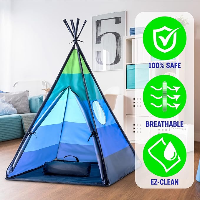 USA Toyz Happy Hut Teepee Tent for Kids - Indoor Pop Up Teepee Kids Playhouse Tents for Boys, Girls, Toddlers with Portable Storage Bag (Blue)