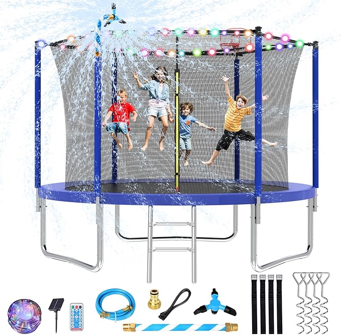 Upgraded 10/12/14/15/16FT Trampoline Outdoor, Large Kids Trampoline with Light, Stakes, Sprinkler, Backyard Trampoline with Basketball Hoop and Net, Capacity for 4-6 Kids and Adults