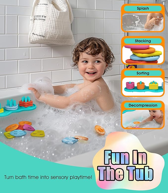 Baby Bath Toys Mold-Free Silicone Bath Toys, Sensory Shape Sorting & Stacking Set Includes 20 Floating Pieces, Early Learning Bathtub Toys for Toddlers