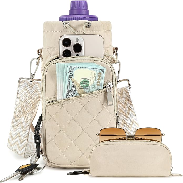 Water Bottle Carrier Bag with Strap, Water Bottle Holder Crossbody Bags for Women Men for Walking, Hiking,Cycling