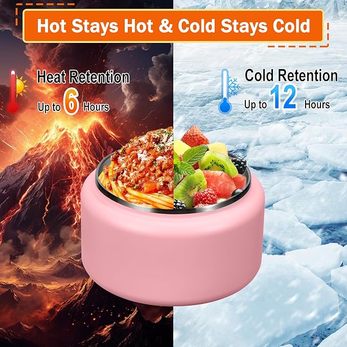 13.5oz Kids Thermos for Hot Food, Insulated Vacuum Food Jar with Buckle Lid, Stainless Steel Wide Mouth Leak Proof Insulated Lunch Container for School Picnic Travel,Pink