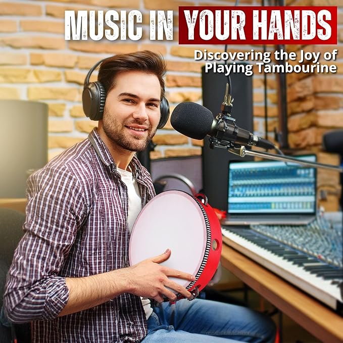 Flexzion Wood Handheld Tambourines - 8 and 6 Inch Set of 2 Pack, with Single Row Metal Jingle Bell (Red) Hand Held Tambourine Percussion Drum Moon Musical Instrument