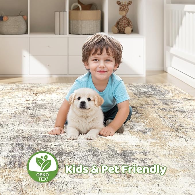 10x13 Area Rug Living Room: Washable Large Abstract Modern Soft Rugs Stain Resistant Indoor Floor Non-Slip Accent Carpet for Bedroom Nursery Playroom Dining Room Office Dorm Home House- Grey Gold