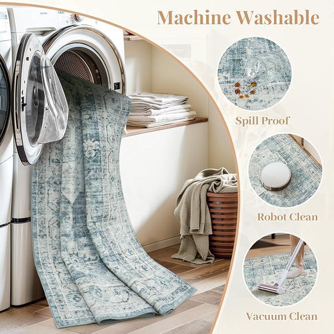 LIVEBOX Washable Area Rug 5x7 Rugs for Living Room Bedroom, Non-Slip Boho Indoor Carpet for Dining Room Office, Low-Pile Farmhouse Soft Carpets for Kids Nursery Room Playroom, Blue