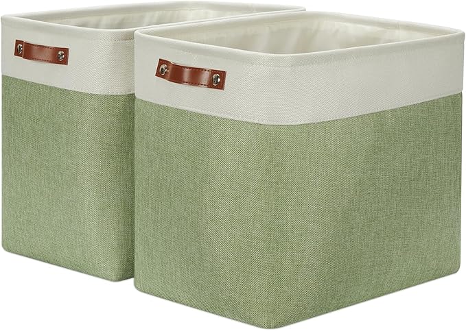 DULLEMELO Extra Large Storage Baskets, 17"x12"x15" Fabric Storage Bins for Organizing Shelves Nursery Toys Books, Collapsible Storage Baskets Rectangular Canvas Bins with Handles, White&Green, 2-Pack