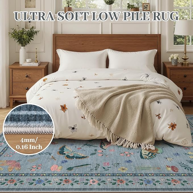 5x7 Washable Area Rug with Insect Print - Bug Rug Non-Shedding Stain Resistant Soft Carpet for Bedroom, Low Pile Ultra-Thin Machine Washable Carpet for Dining Room, Kids Nursery, Office (5'x7' Blue)