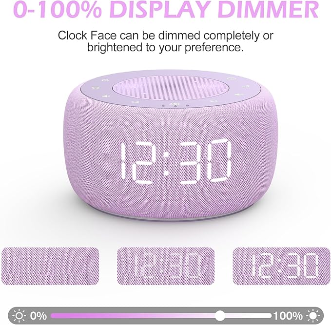 Buffbee Sound Machine & Alarm Clock 2-in-1, 0-100% Clock Face Brightness, Bottom Colored Light, Sleep Timer, Precise 30-Level Volume White Noise Machine, Digital Alarm Clocks for Bedrooms - Purple